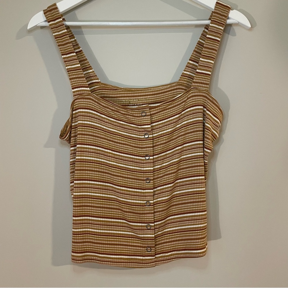 American Eagle Striped Brown Button-Up Women's Fall Tank Top